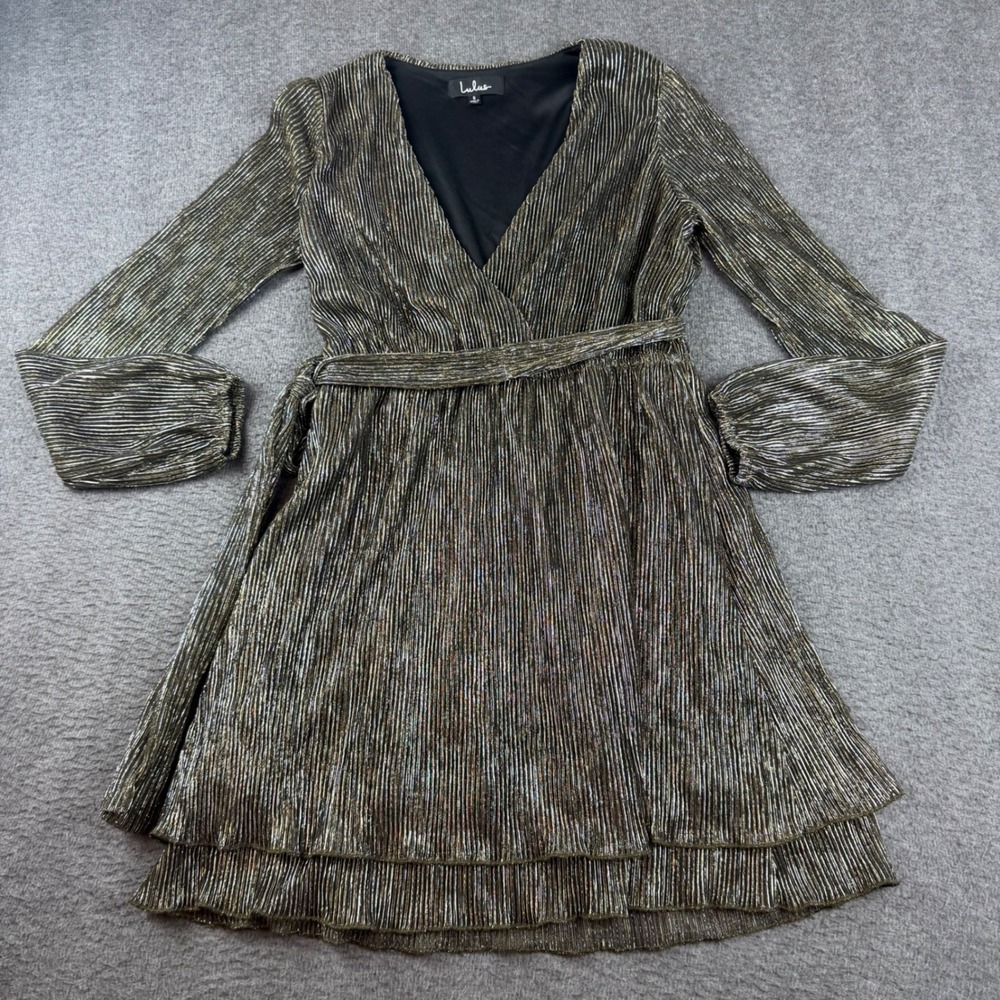 Lulus Mini Dress Women's S Gold Metallic Plisse Long Sleeve Surplice Tiered